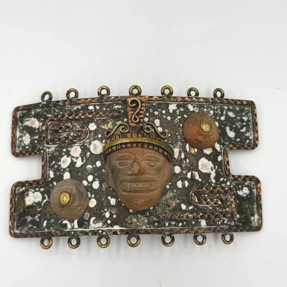 Vintage Maya Mexico Brutalist Mixed Metal Belt Buckle Clay‎ Mask Enamel Folk Art