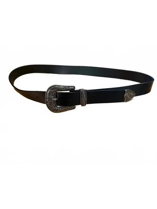 Black Western Style Leather Belt with Embossed Silver Buckle