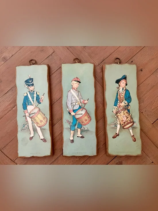 Vintage Drummer Boy Wall Plaque in Light Blue and Tan