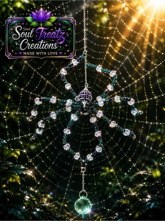 Purple & Green Beaded Crystal Spider Sun Catcher