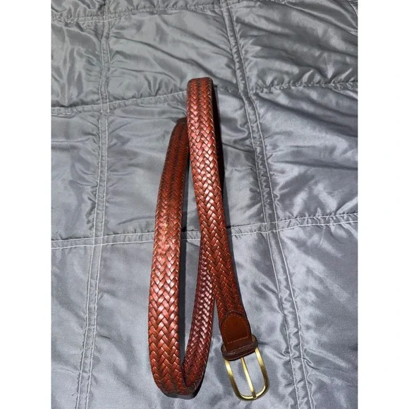 Perry Ellis Portfolio Mens Braided Leather Belt Brown Woven Brass Buckle BP65106
