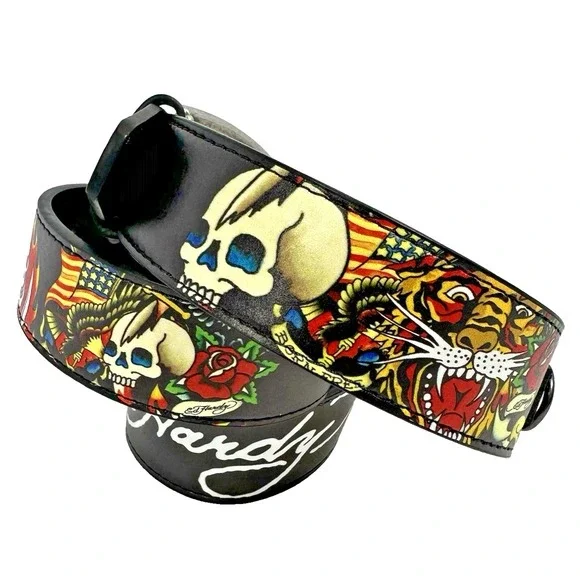 Ed Hardy Tattoo Skull‎ Graphic Studded Belt Black Y2K Punk Unisex Size 36