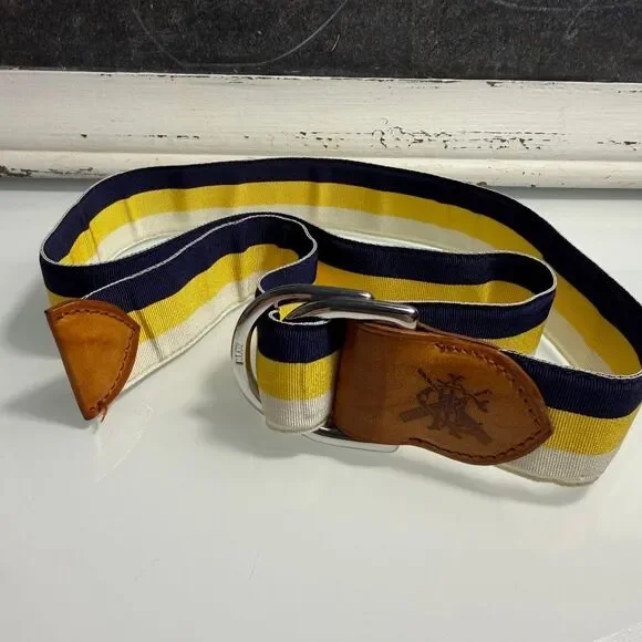 Ralph Lauren Made in England Striped Ribbon Leather Belt Navy Yellow Cream S