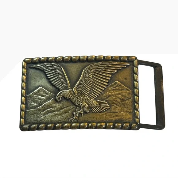 Vintage Brass Tone Soaring Eagle Mountain Scene Belt Buckle Western Metal