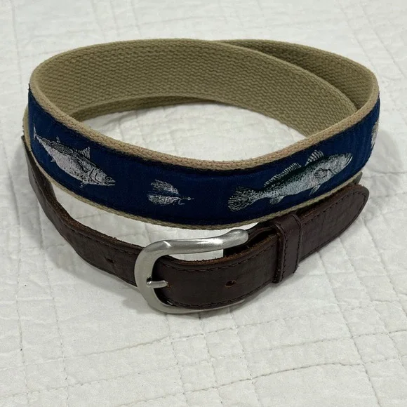 Belted Cow Co Mens Fish & Flies Fishing Embroidered Canvas Leather Belt 36