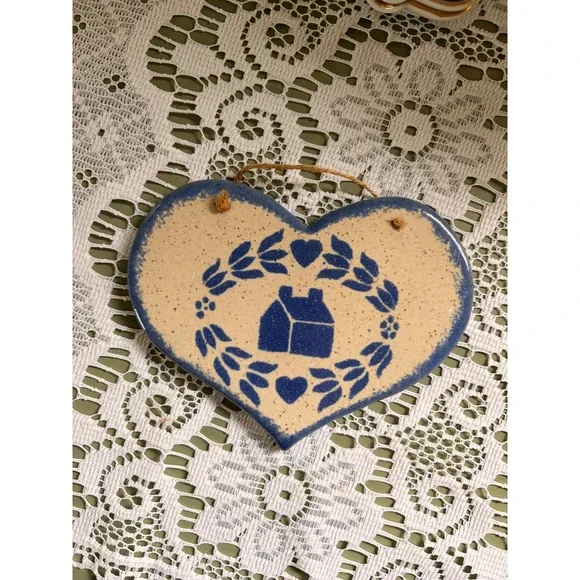 Vintage Folk Art Ceramic Heart Wall Plaque Blue Salt Glaze House Signed KM