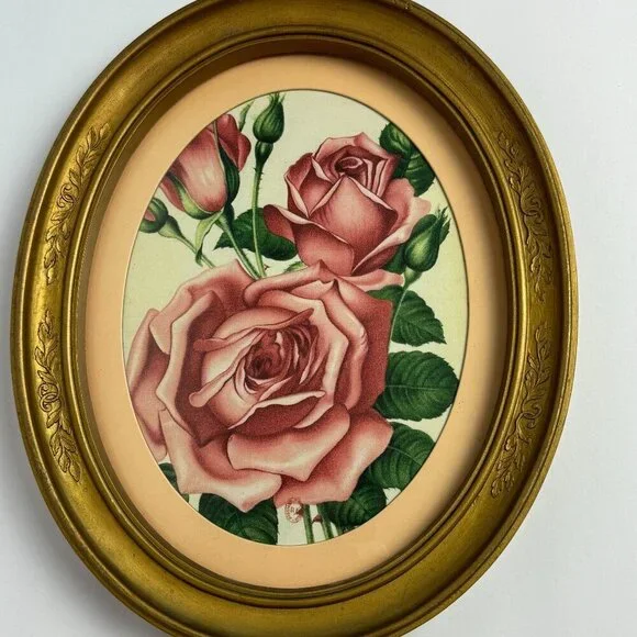 Vintage Oval Frame and Botanical Art Print Rose Pink Matted
