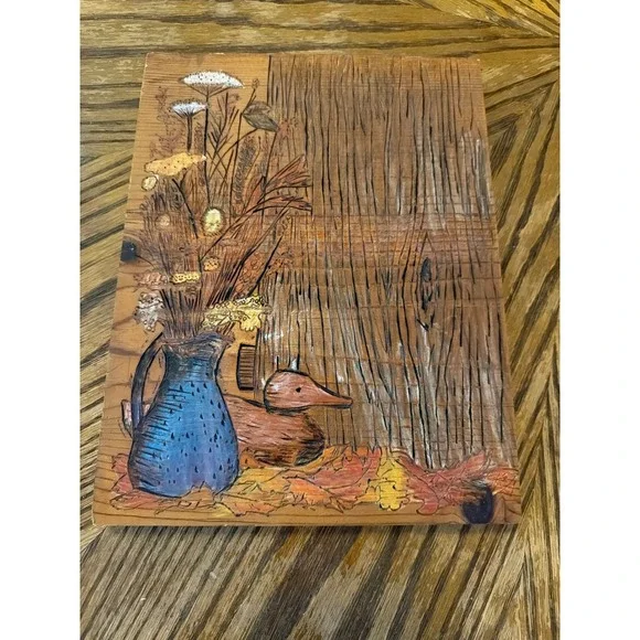 Vintage Hand Carved Wood Wall Plaque Duck Decoy Blue Pitcher Flowers Folk Art