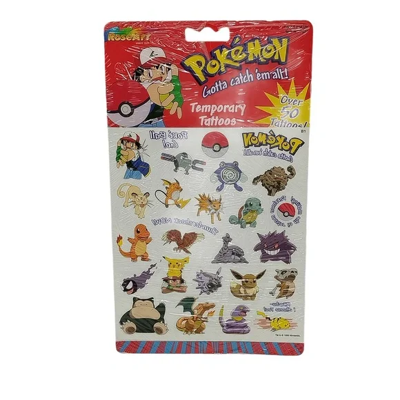 Vintage 1999 Rose Art Pokémon Temporary Tattoos Factory Sealed Card 50 Count