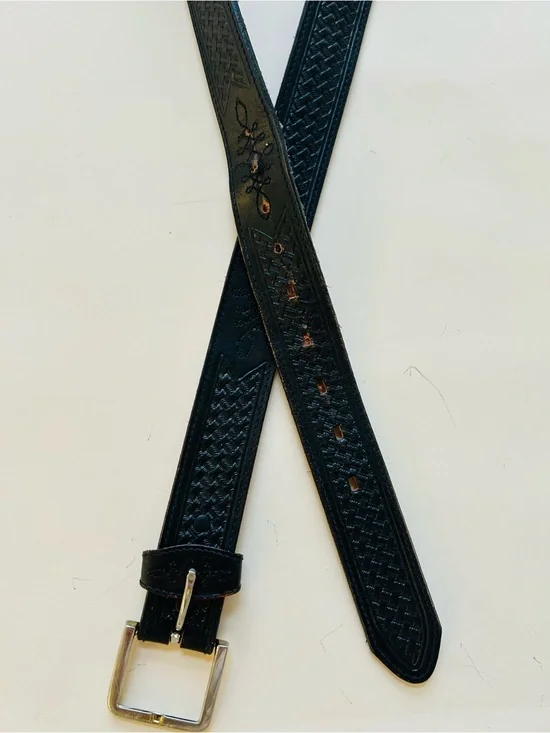 Silver creek Men’s Black Woven Leather Belt with Silver Buckle size 50