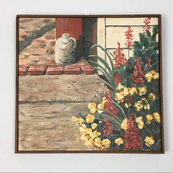 Vintage 1982 Brick Path Walkway Painting Signed Original Pottery Garden Doorway