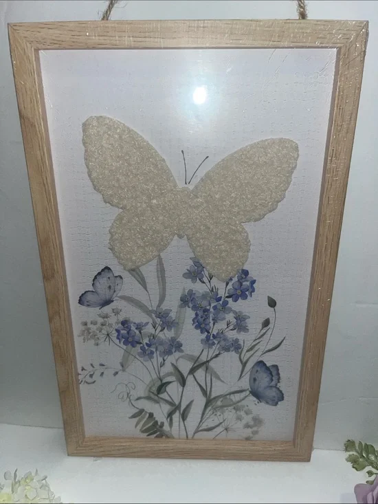 Nwt furry fuzzy soft cozy hanging butterfly wall art -blue and white cottagechic