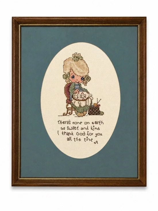 Vintage 1987 Handmade Cross Stitch Friendship Wall Art Framed Needlework