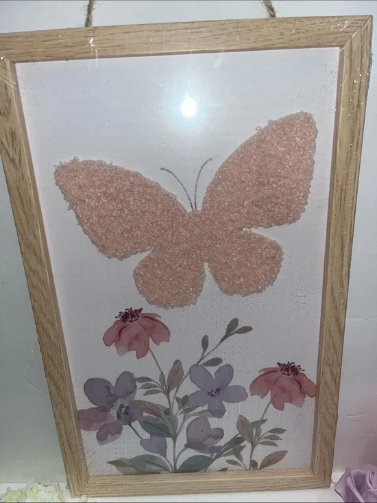 Nwt Fuzzy soft pink Butterfly Floral Wall Art - Home Decor cottage chic -