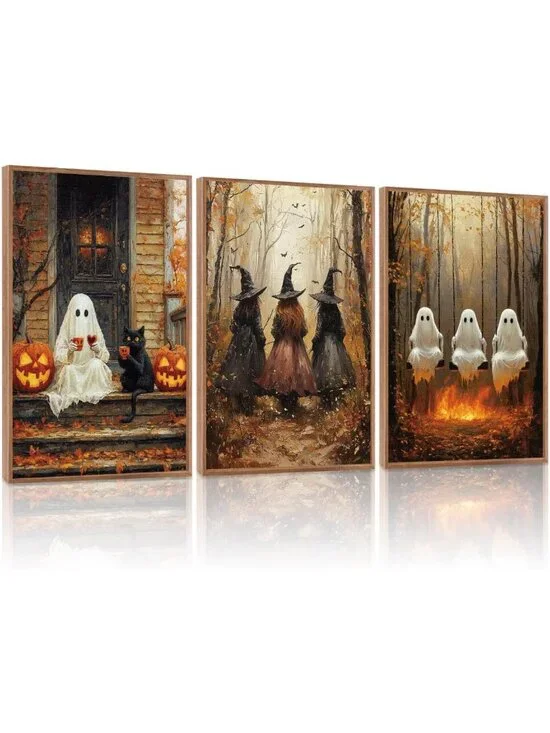 Spooky Halloween Wall Art Set of 3 - Dark Witch, Black Cat & Raven Prints