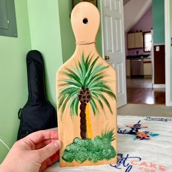 Bamboo Painted Palm Tree Coastal Wall Plaque Decor Cutting Board Shaped