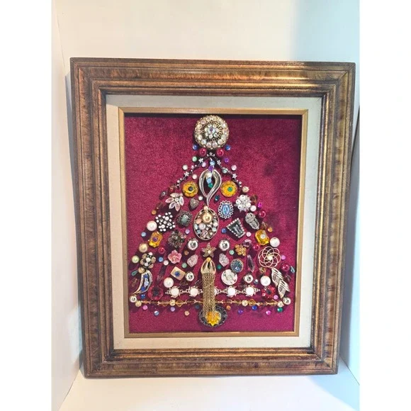 Vintage Costume Jewelry Christmas Tree Framed Art Burgundy Velvet Gilt Frame