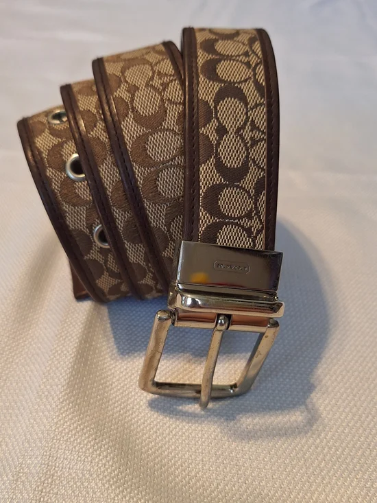 Coach Signature Logo canvas leather Belt Brown/Beige Men's Size 40 Made In Italy