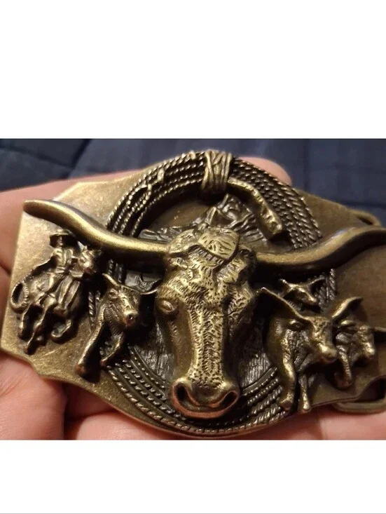 Antique Brass Longhorn Western Belt Buckle - Brown Finish