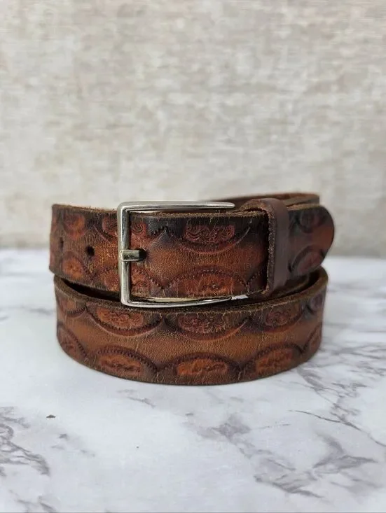 Vintage Tooled Brown Leather Belt with Silver Buckle VERY WORN