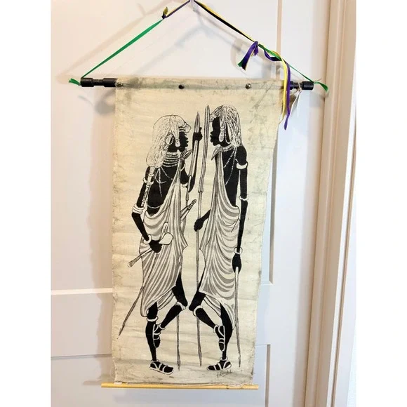 Vintage African Batik Fabric Wall Hanging Tribal Figures Folk Art Signed!