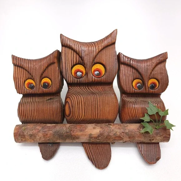 Large Witco Wooden 3 Owls On‎ A Branch Wall Art Orange Tack Felt Eyes Carved MCM