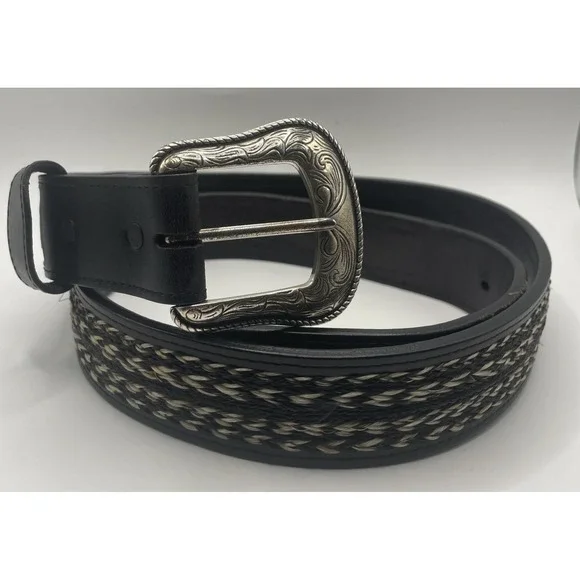 Ranger Belt Company Hand Tooled Black Leather Western Belt Men's Size 44 Braided
