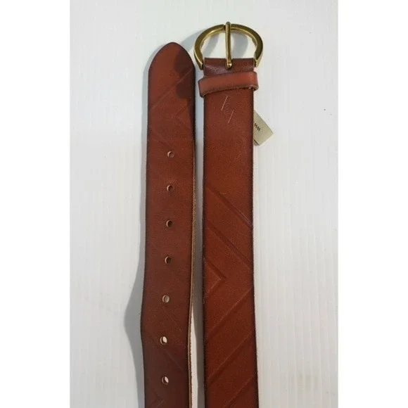 Fossil Leather Belt Embossed Casual Jean Belt Brass Buckle Brown Size 34