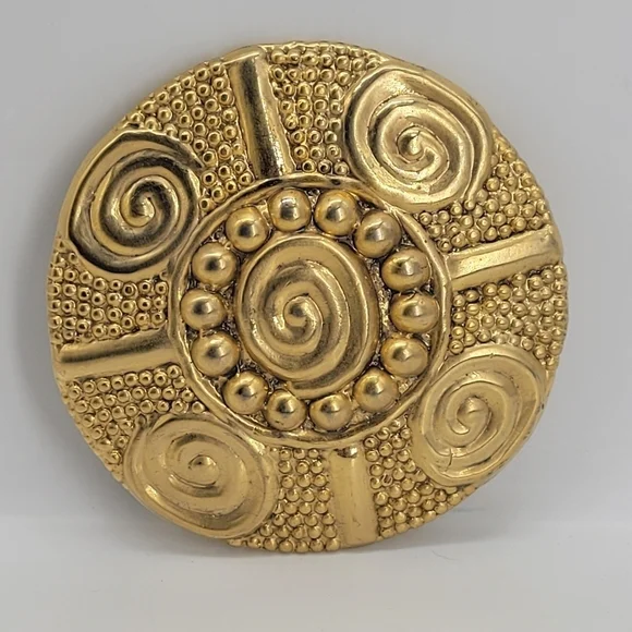 Vintage Signed PEARL 1990  Belt Buckle Round Gold Metal  Enamel