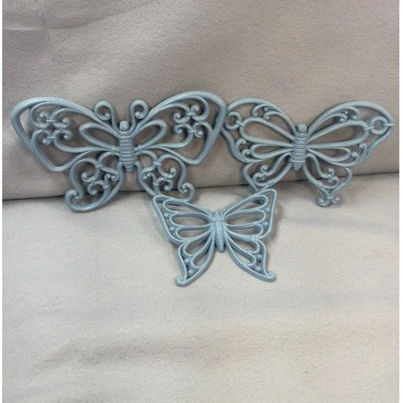 Vintage MCM Cottagecore Syroco Butterfly Wall Art Set 3 Blue Plastic Retro Decor