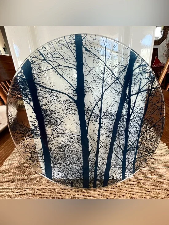 Glass Wall Art Panel with Blue Tree Silhouette