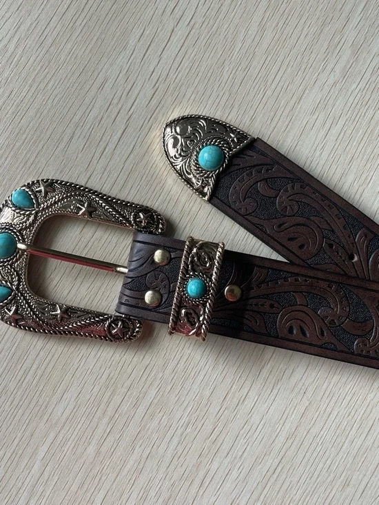Vintage Brown Tooled Leather Belt with Turquoise Accents