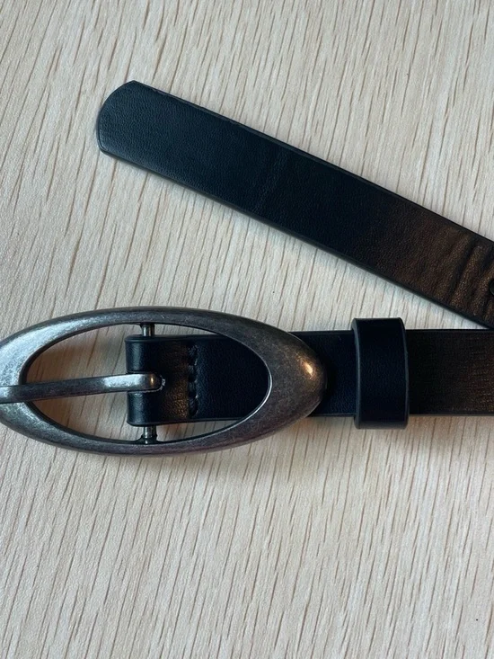 Vintage Black Leather Belt with Oval Antique Silver Buckle