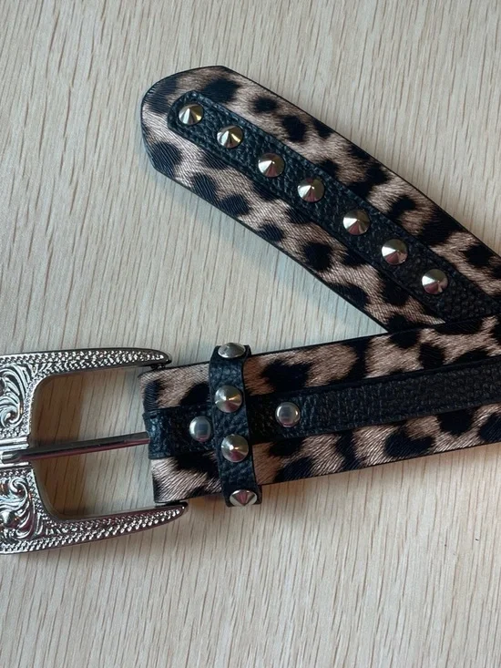 Vintage Leopard Print Studded Belt - Black and Tan