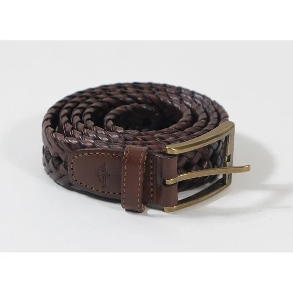 Dockers Belt Mens 40 Brown Braided Woven Leather Tab Casual Brass 11DO0403