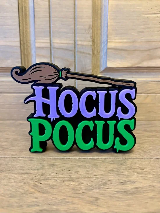 Hocus Pocus Broom Standing Halloween Decor Sign Plaque Purple Green Black NEW