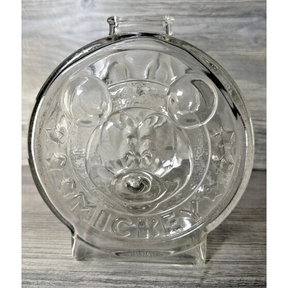 Vintage Anchor Hocking Disney Mickey & Minney Mouse Clear Glass Coin Piggy Bank