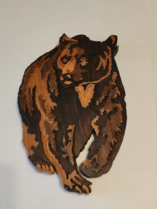 Handcrafted Brown Wooden Bear Puzzle Wall Art Or Trivet 3D Effect