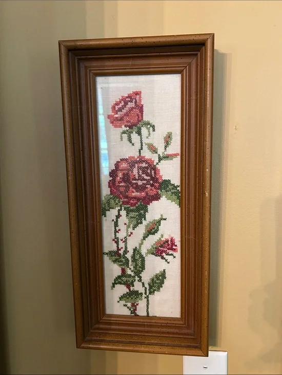 Framed Professionally in a deep wide frame Wine and Green Floral-Stitch Roses EC