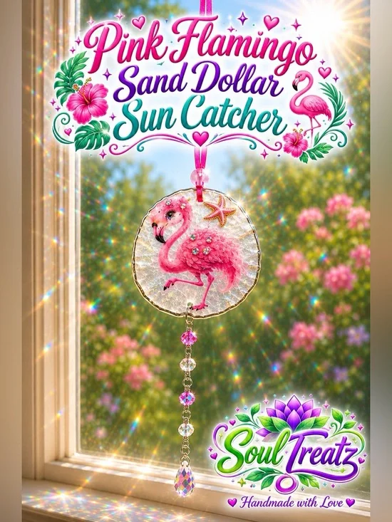 Pink Flamingo Decoupage Sand Dollar Crystal Sun Catcher