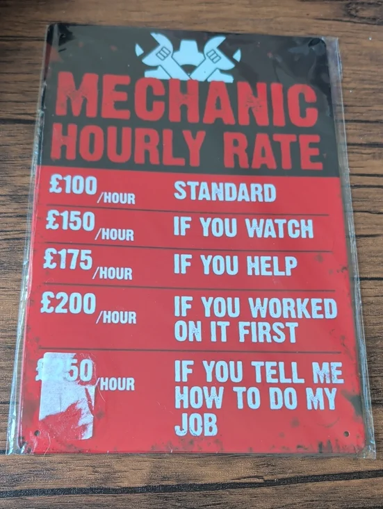 Funny Mechanic Hourly Rate Sign 12x8 New