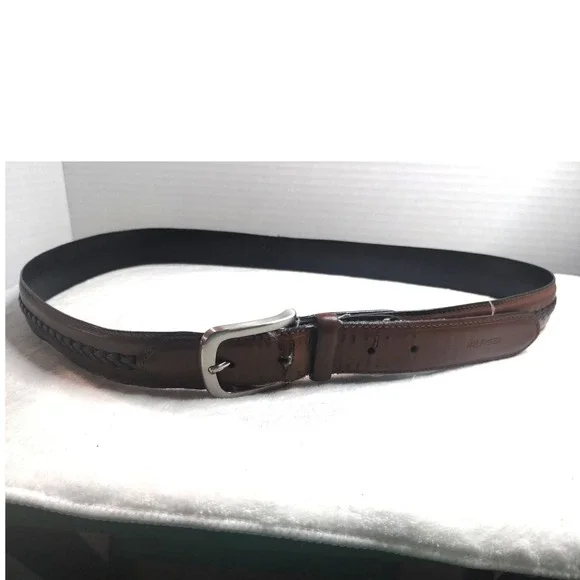 Tommy Hilfiger Mens Brown Coated Leather Braided Inlay Belt Silver Buckle 40/100