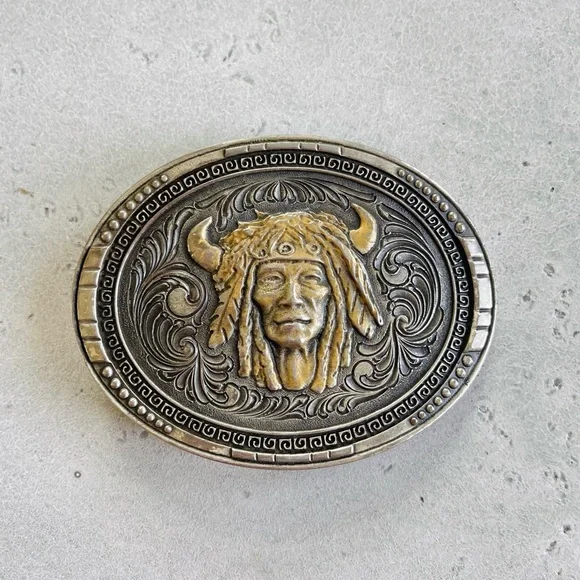 Native American Indian Chief Head In Headdress Montana Silversmiths Belt Buckle