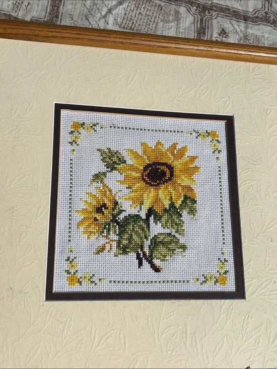 Sunflower Cross-Stitch Wall Art in Yellow and Green