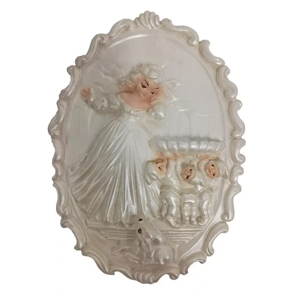 VTG Chalkware Pearlized 3D Wall Plaque Girl Cherubs & Deer Mid Century Modern