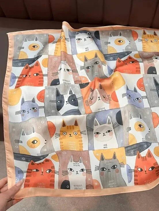 Silk-feel Cute Cat Print Satin Scarf in Peach Multicolor Head Scarf , Neck Scarf