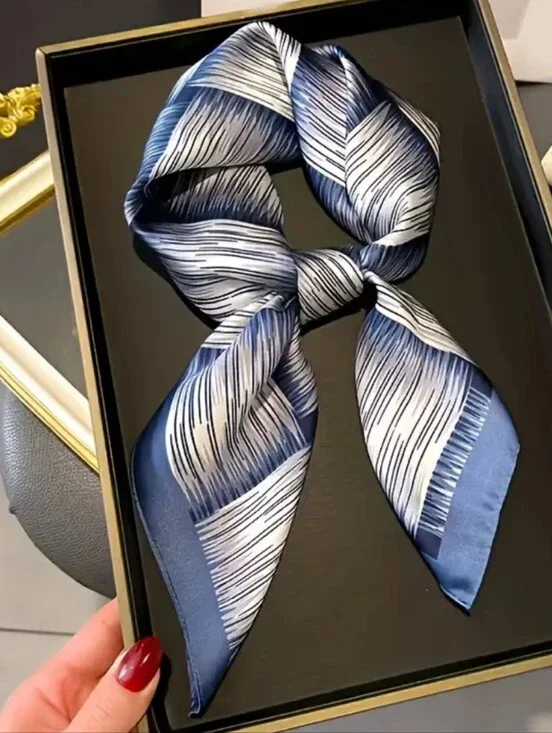 Silk-Feel Navy & White Patterned Scarf Head Scarf