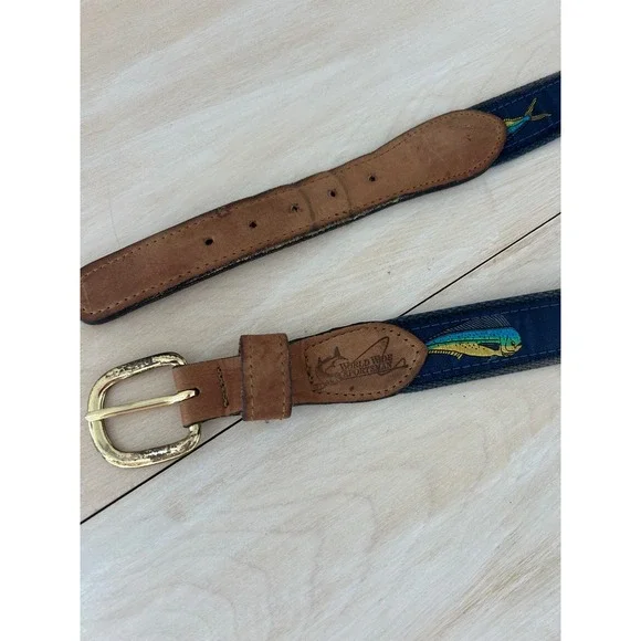 World Wide Sportsman Mens Fish Ribbon Belt Navy Blue Leather Brass Size 38 USA