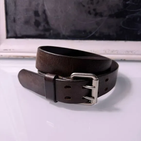 J Crew Genuine Leather Brown Double Prong Belt Rustic Distressed Classic Sz L