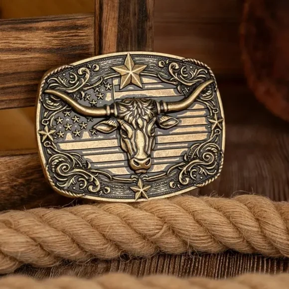 NEW Bronze Western Longhorn Steer Belt Buckle American Flag Cowboy Rodeo USA